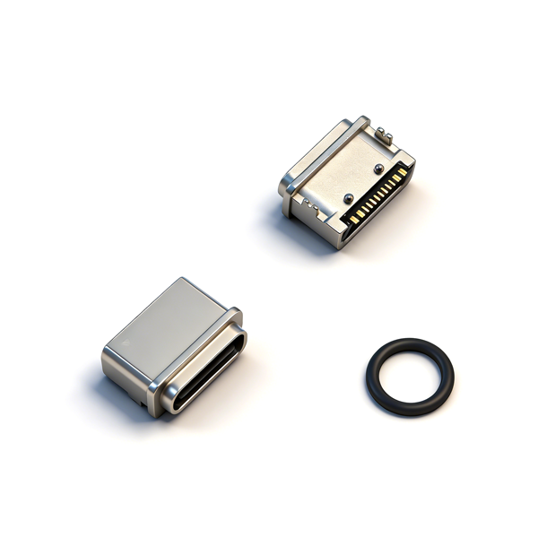 A04W1608A Waterproof TYPE‑C Female Socket 16PIN, On‑board Two‑Pin Through‑hole SMT, L=7.2, Zinc Alloy, IP67