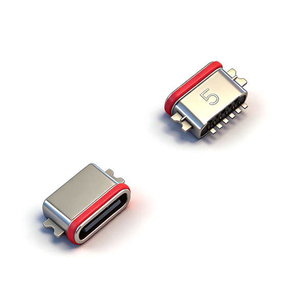 A04W0610A Waterproof TYPE‑C Female Socket 6PIN, Recessed 0.8, Two‑Pin Full SMT Mount, L=6.7, Zinc Alloy, IPX7