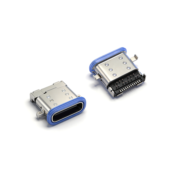 A04W2401A Waterproof TYPE‑C Female Socket 24PIN, Recessed 1.1 Four‑Pin DIP+SMT L=9.85 No Flange Zinc Alloy IPX7