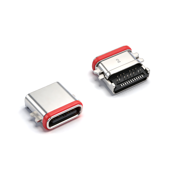 A04W2402A Waterproof TYPE‑C Female Socket 24PIN, Recessed 1.0, Front SMT + Rear DIP, Zinc Alloy, IP67