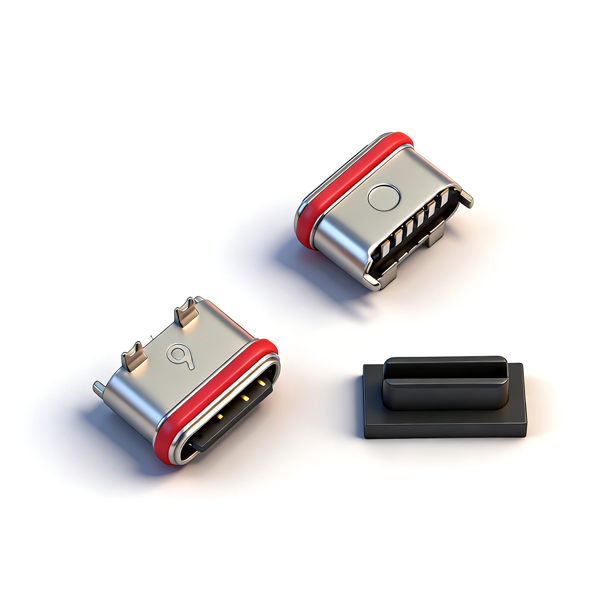 A04W0601A Waterproof TYPE‑C Female Socket 6PIN, Vertical Two‑Pin Through‑hole SMT, L=7.1, Exposed Tongue, With SMT Mounting Tabs, Zinc Alloy, IPX7