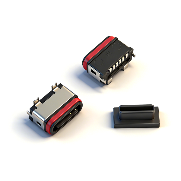 A04W0606A Waterproof TYPE‑C Female Socket 6PIN, Vertical Two‑Pin Through‑hole SMT, L=6.8, With SMT Mounting Tabs, All‑Plastic, IPX7