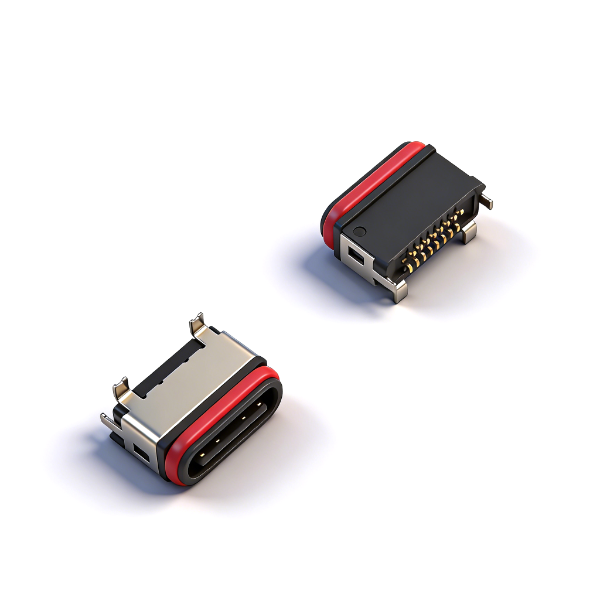 A04W1602A Waterproof TYPE‑C Female Socket 16PIN, Vertical Two‑Pin Through‑hole SMT, L=6.8, With SMT Mounting Tabs, All‑Plastic, IPX7