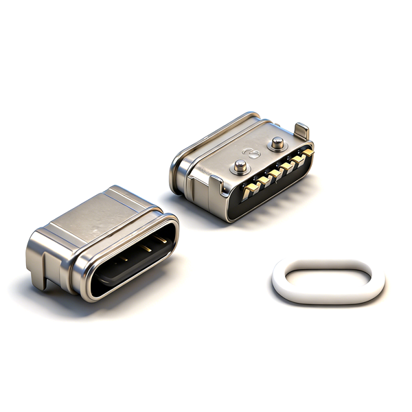 B09W0601A Waterproof TYPE‑C Female Socket 6PIN, On‑board Two‑Pin Through‑hole SMT, L=5.7, Exposed Tongue, Zinc Alloy