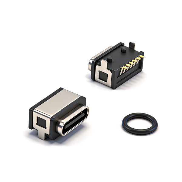 B09W0602B Waterproof TYPE‑C Female Socket 6PIN, On‑board Two‑Pin Through‑hole SMT, L=7.3, All‑Plastic