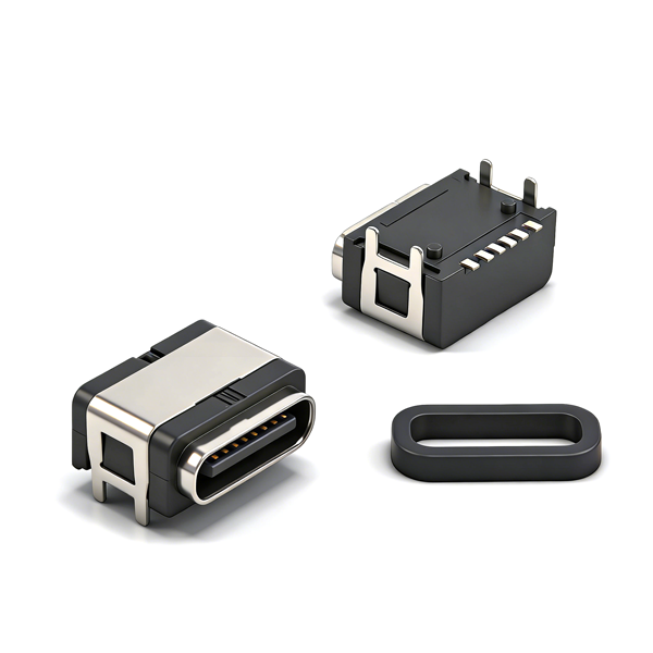 B09W0603A Waterproof TYPE‑C Female Socket 6PIN, On‑board Four‑Pin Through‑hole SMT, L=7.85, All‑Plastic