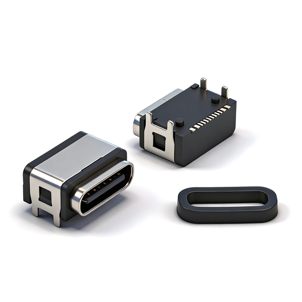 B09W1603A Waterproof TYPE‑C Female Socket 16PIN, On‑board Four‑Pin Through‑hole SMT, L=7.13, All‑Plastic