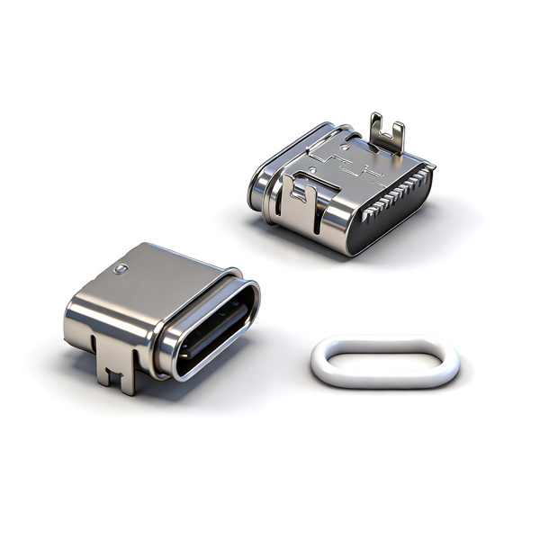 B09W1604A Waterproof TYPE‑C Female Socket 16PIN, On‑board Four‑Pin Through‑hole SMT, L=7.45, Stainless Steel