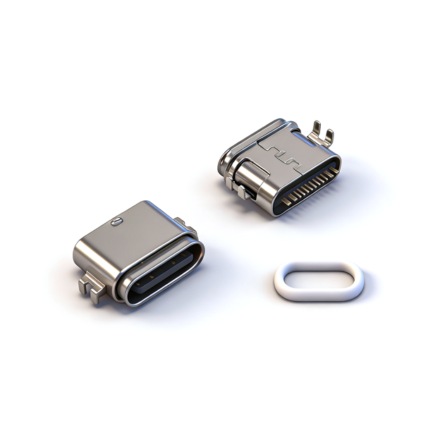 B09W1605A Waterproof TYPE‑C Female Socket 16PIN, Recessed 1.4, Four‑Pin Through‑hole SMT, L=7.45, Stainless Steel, Dual Housing