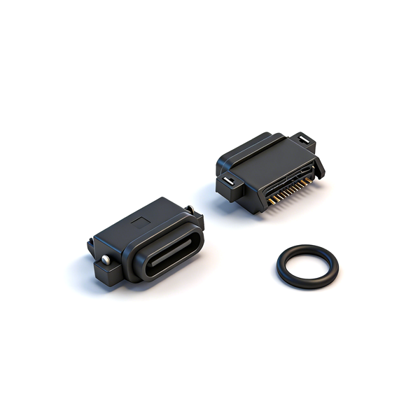 B09W1606A Waterproof TYPE‑C Female Socket 16PIN, Recessed 1.65, Two‑Pin Through‑hole SMT, L=9.0, All‑Plasti