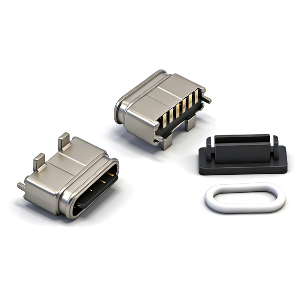 B09W0608A Waterproof TYPE‑C Female Socket 6PIN, Vertical Four‑Pin Through‑hole SMT, L=6.4, Exposed Tongue, With SMT Mounting Tabs, Zinc Alloy