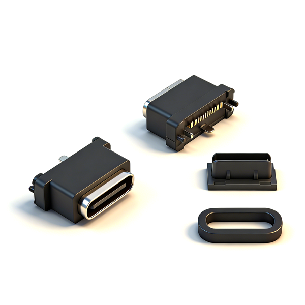 B09W1610A Waterproof TYPE‑C Female Socket 16PIN, Vertical Four‑Pin Through‑hole SMT, L=7.85, All‑Plastic